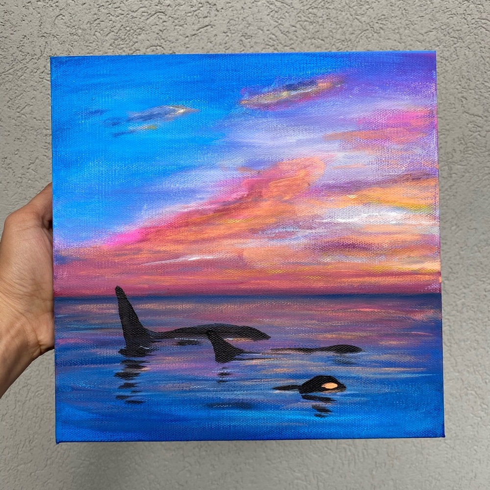 sunset on Alaska ocean & whales Original acrylic painting signed by the artist - Picture 3 of 7